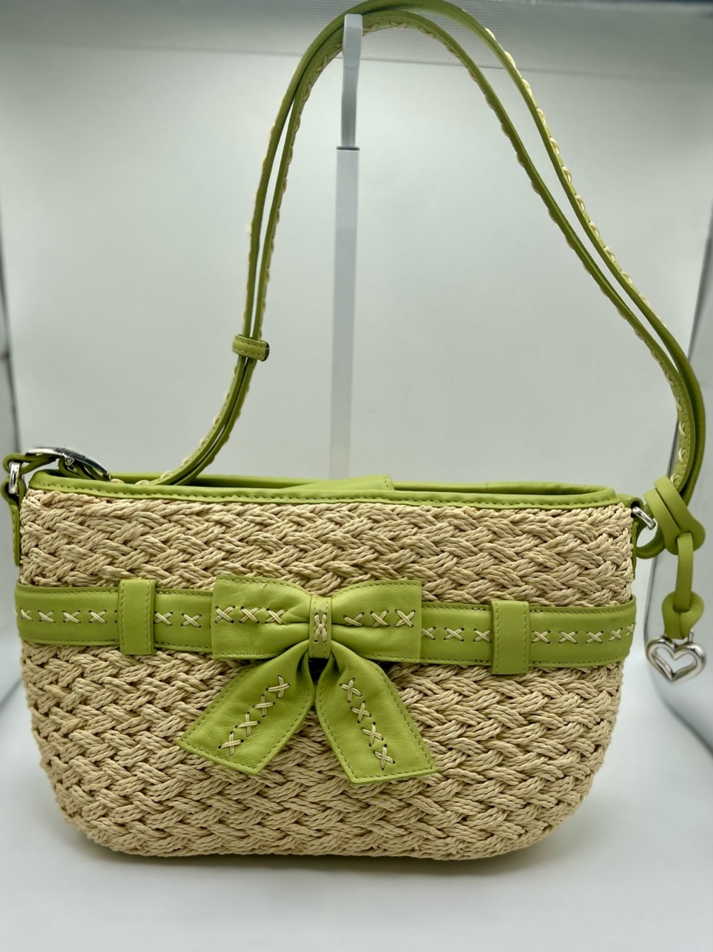 Brighton Beige/Green Woven Shoulder Bag Leather Strap Bow Heart Charm Zip
